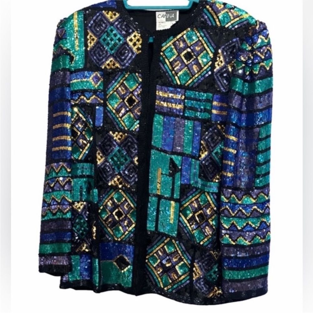VINTAGE Sequined Open-Front Blazer in Teal TAG Says LARGE- FITS LIKE A MEDIUM